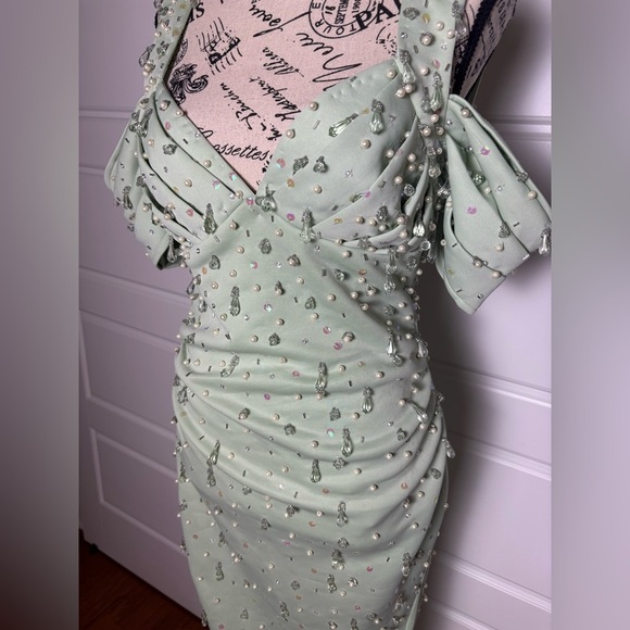 ASOS sweetheart neckline sequin pencil dress mint green cold shoulder - Picture 8 of 12